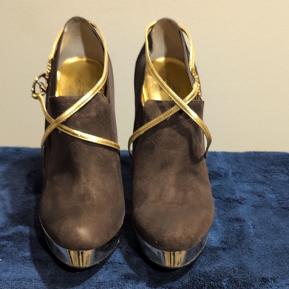 Brown and Gold Heeled Boots with Metallic Straps